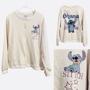Disney Stitch Baseball Varsity Jacket Size XL Beige Cream Ohana Print